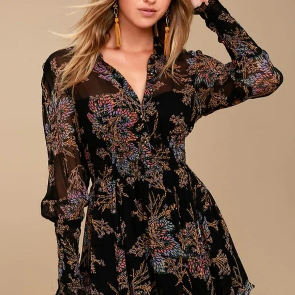 Free people Long sleeve black print Ruffled Tiered Dress size S - Picture 8 of 11